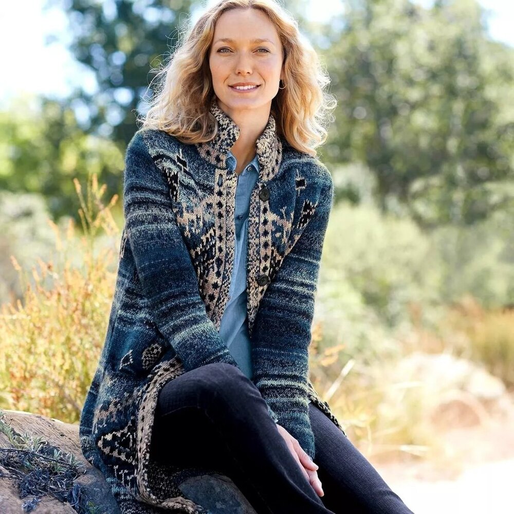 J. Jill Wool Navajo Southwestern Aztec Knit Long Cardigan Sweater Coat Sz M Navy